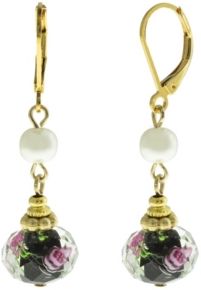 2028 Gold-Tone Imitation Pearl and Black Floral Drop Bead Earrings