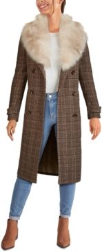 Plaid Double-Breasted Faux-Fur-Collar Walker Coat
