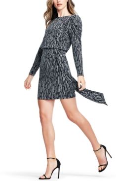 Puff-Sleeve Metallic Knit Sheath Dress