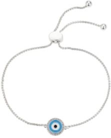 Fine Silver Plated Turquoise and White Enamel Evil Eye Adjustable Bolo Bracelet