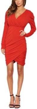 Long Puff Sleeved Ruched Wrap Dress