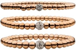 Rose Gold Ip Ball Bead and Gem 3 Piece Bracelet Set