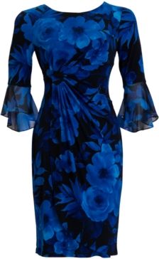 Flounce-Sleeve Floral-Print Sheath Dress