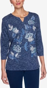 Missy Denim Friendly Allover Floral Embroidery Top
