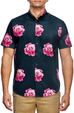 Slim Fit Peony Print Short Sleeve Shirt and a Free Face Mask