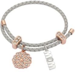 Metallic Cord and Rose Gold Flash Fine Silver Plated Crystal Flower "Mom" Adjustable Charm Bracelet