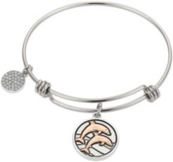 "In High Tide" Dolphins Adjustable Bangle Bracelet in Stainless Steel and Rose Gold Two-Tone Fine Silver Plated Charms