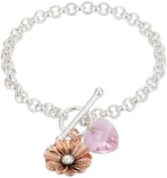 Rose Gold Two-Tone Pink Crystal Heart and Flower Toggle Bracelet in Fine Silver Plate