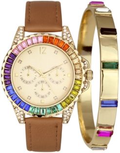 Inc Women's Brown Imitation Leather Strap Watch 40mm Gift Set, Created for Macy's