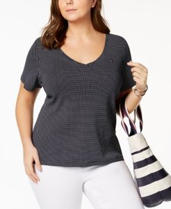 Plus Size Polka Dot Cotton V-Neck T-Shirt, Created for Macy's
