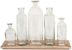6-Pc. Wood Tray & Glass Bottle Vases