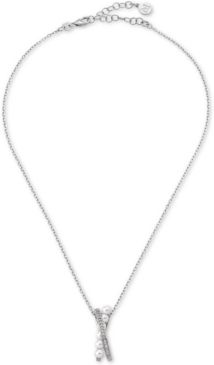 Sterling Silver Cubic Zirconia & Imitation Pearl Pendant Necklace, 14-1/2" + 2" extender