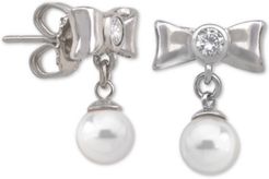 Sterling Silver Cubic Zirconia Bow & Imitation Pearl Drop Earrings