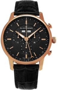 Alexander Watch A101-04, Stainless Steel Rose Gold Tone Case on Black Embossed Genuine Leather Strap