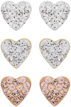 Link Up 3-Piece Set Crystal Heart Stud Earrings in 18K Gold Over Sterling Silver