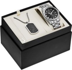 Stainless Steel Bracelet Watch & Pendant Necklace 42mm Gift Set
