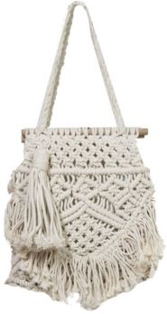 Macrame Medium Bag with Wood Top Bar and Fringe Details