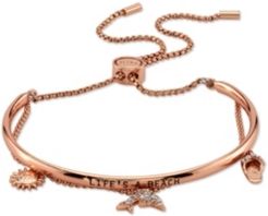 Cubic Zirconia "Life's A Beach" Dolphin, Sandal and Sun Rose Gold Tone Plated Silver Adjustable Bolo Bracelet Silver Plated