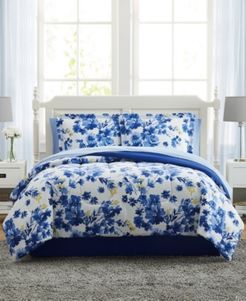 Blue Watercolor Floral Twin 6PC Comforter Set Bedding