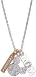 Fine Silver Plated Mickey Mouse "Mom" and Clear Crystal Bar Charm Necklace, 16"+2" Extender