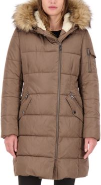 Faux-Fur-Trim Hooded Asymmetrical Puffer Coat, Created for Macy's