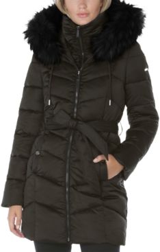 Belted Faux-Fur-Trim Hooded Puffer Coat