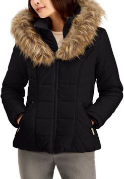 Juniors' Hooded Faux-Fur-Trim Puffer Coat