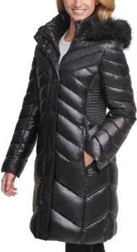 Faux-Fur-Trim Hooded Puffer Coat