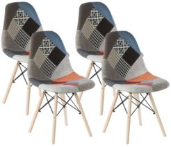 Mid-Century Modern Upholstered Plastic Fabric Patchwork Shell Dining Chair with Wooden Dowel Eiffel Legs, Set of 4
