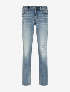 Distressed Light Wash 5 Pocket Denim Jeans