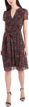 Printed Pintucked Fit & Flare Dress