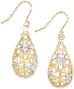 Two-Tone Floral Teardrop Drop Earrings in 10K Gold and 10K White Gold