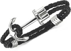 Esquire Men's Black Braided Leather Anchor Bracelet in Stainless Steel