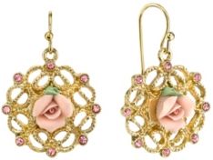 2028 Gold-Tone Pink Porcelain Rose with Pink Accent Filigree Drop Earrings
