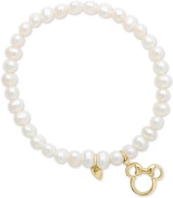 Children's Cultured Freshwater Pearl (4mm) Minnie Mouse Charm Stretch Bracelet in 14k Gold