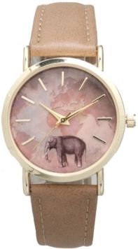 Elephant Map Leather Strap Watch