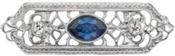Silver-Tone Crystal and Blue Navette Center Stone Edwardian Filigree Bar Pin