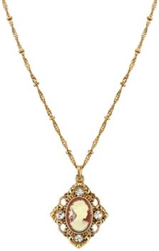 Gold-Tone Cameo with Crystal Accent Pendant Necklace 16" Adjustable