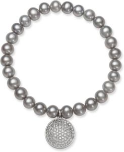 Gray Cultured Freshwater Pearl (7-8 mm) and Cubic Zirconia Stretch Bracelet with Charm in Sterling Silver