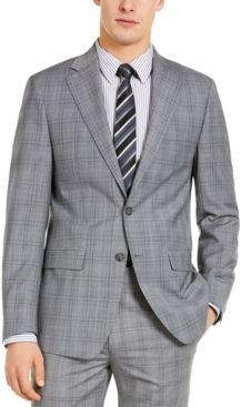 X-Fit Slim-Fit Infinite Stretch Light Gray Blue Plaid Wool Suit Separate Jacket