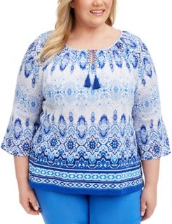 Plus Size Printed Split-Neck Top