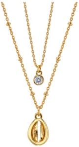 Gold Flash Plated Shell Layered Pendant Necklace with Mini Cubic Zirconia Pendant