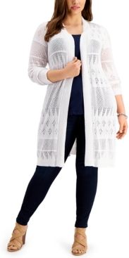 Plus Size Pointelle Open-Front Cardigan Sweater