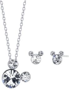 Fine Silver Plated Crystal Birthstone Mickey Mouse Earring and Necklace Set, 16"+2" Extender