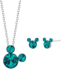 Fine Silver Plated Crystal Birthstone Mickey Mouse Earring and Necklace Set, 16"+2" Extender