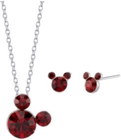 Fine Silver Plated Crystal Birthstone Mickey Mouse Earring and Necklace Set, 16"+2" Extender