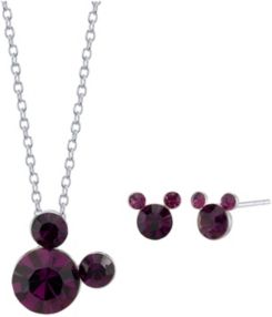 Fine Silver Plated Crystal Birthstone Mickey Mouse Earring and Necklace Set, 16"+2" Extender