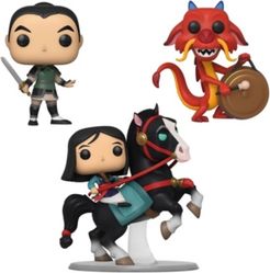 Pop Disney Mulan Collectors Set - 10" Pop Ride Mulan On Khan, Mulan As Ping, Mushu with Gong