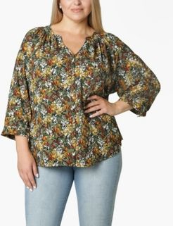 Plus Size 3/4 Sleeve Shirred Neck Button Front Blouse