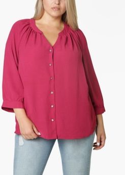 Plus Size 3/4 Sleeve Shirred Neck Button Front Blouse